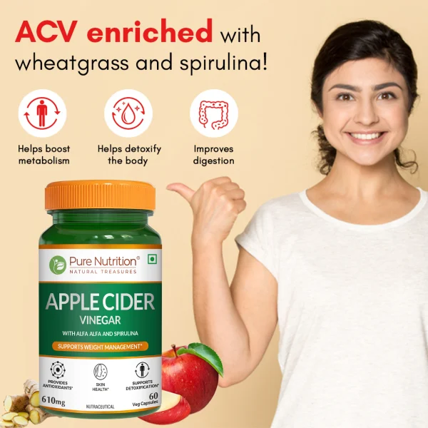Apple cider vinegar with alfalfa and spirulina for weight support and antioxidant benefits in vegan capsules