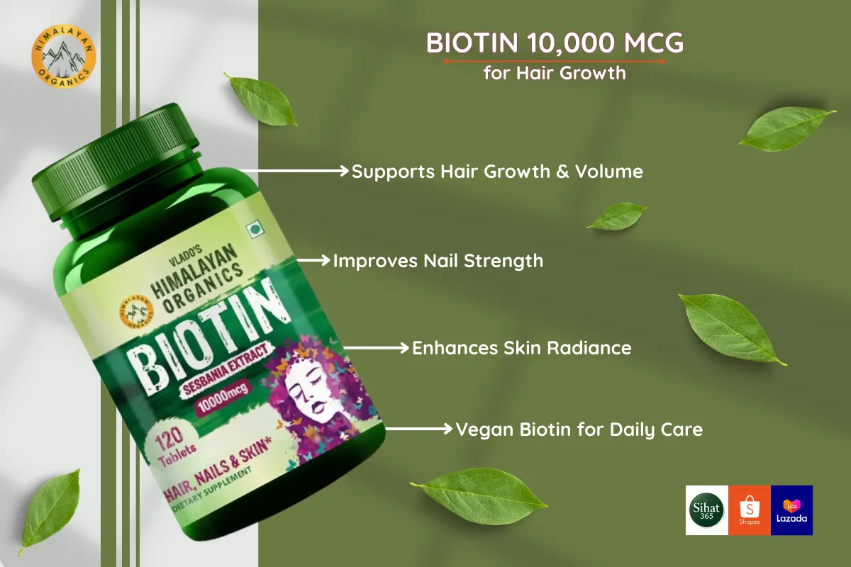 Vlado's Himalayan Organics Biotin 10,000mcg from Sesbania Extract, supporting hair growth, nail strength, and skin radiance.