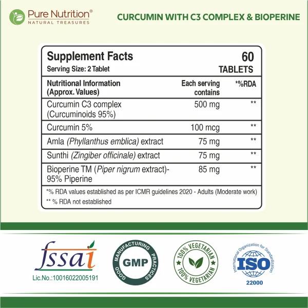 760mg curcumin tablets with C3 complex and Bioperine for inflammation control and antioxidant support