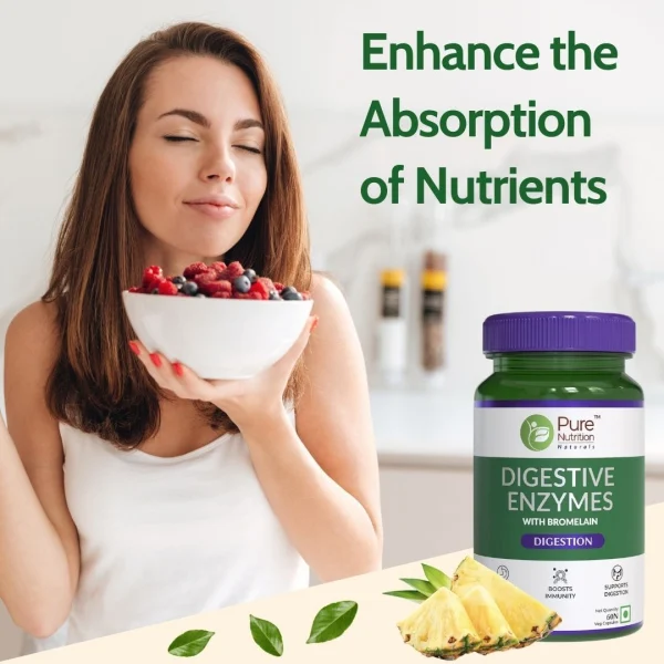 Woman enjoying fresh berries with Pure Nutrition Digestive Enzymes bottle promoting nutrient absorption.