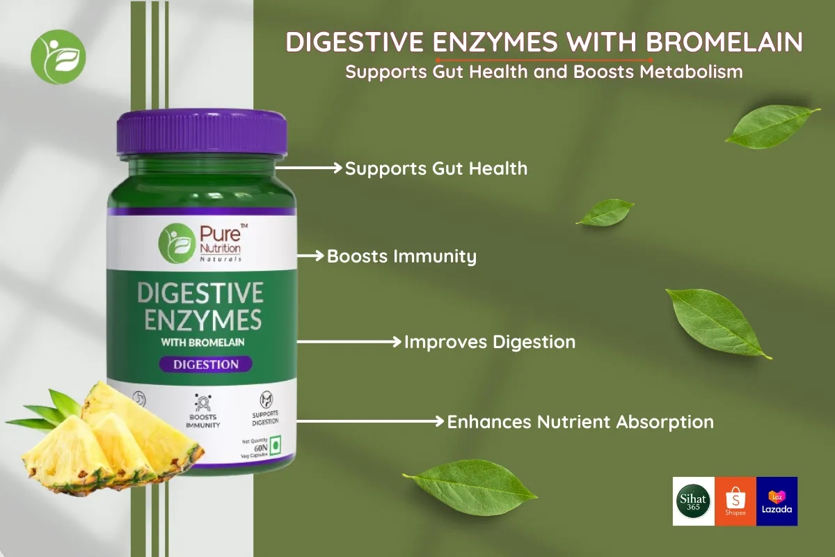 Digestive Enzymes with Bromelain bottle highlighting gut and immune health benefits
