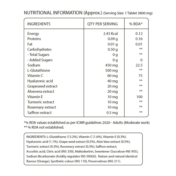 Nutrition facts for glutathione effervescent tablets with 500mg active formula and 12 potent ingredients