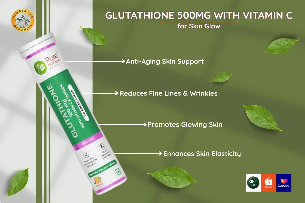 Glutathione 500mg with Vitamin C supplement for anti-aging, skin glow, and improved elasticity