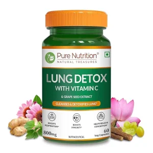 Infographic for Pure Nutrition Lung Detox tablets showcasing key benefits like respiratory cleansing, clearing mucus, and promoting easy breathing.