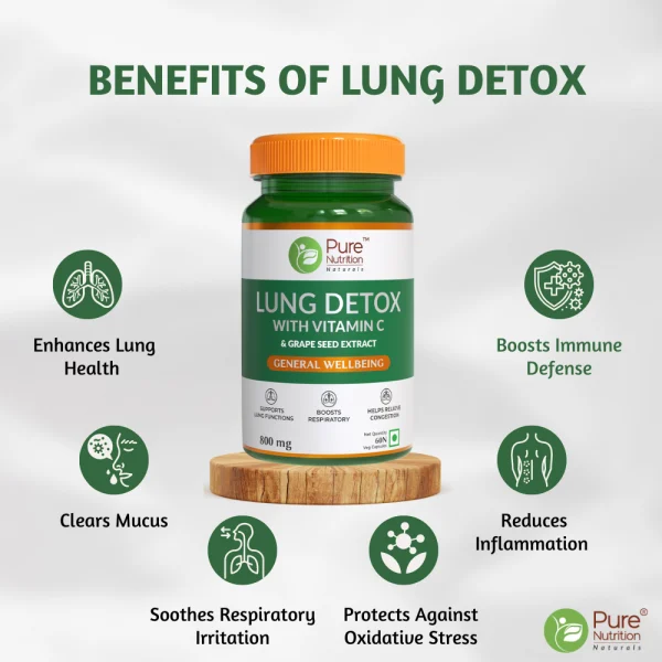 Product bottle of Pure Nutrition Lung Detox with Vitamin C & Grape Seed Extract, surrounded by its natural ingredients like ginger, echinacea, and grapes.