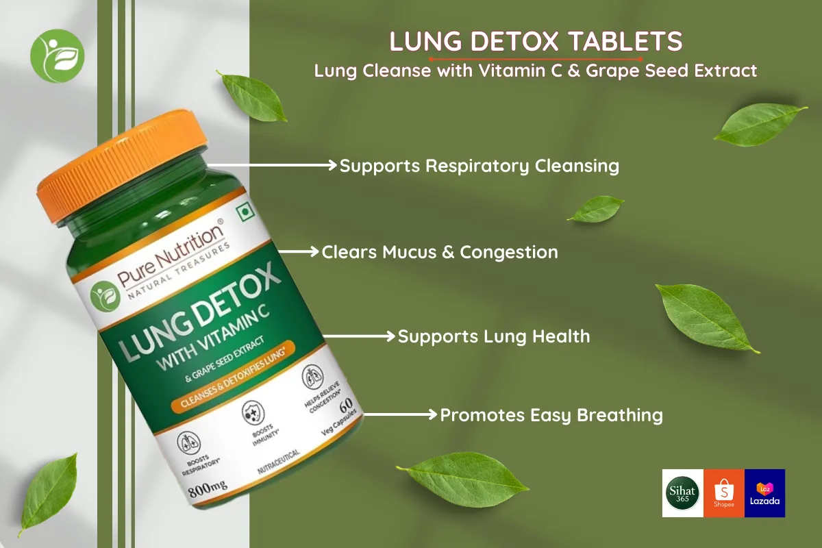 Infographic detailing the benefits of Pure Nutrition Lung Detox, including enhanced lung health, boosted immunity, reduced inflammation.