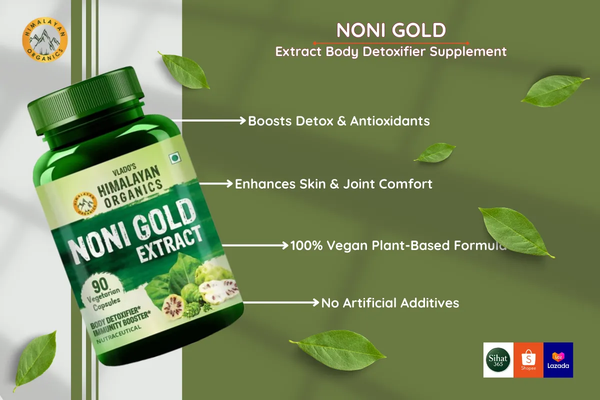 Vlado's Himalayan Organics Noni Gold Extract Body Detoxifier Supplement, boosting detox, antioxidants, skin, and joint comfort. 100% vegan with no artificial additives.