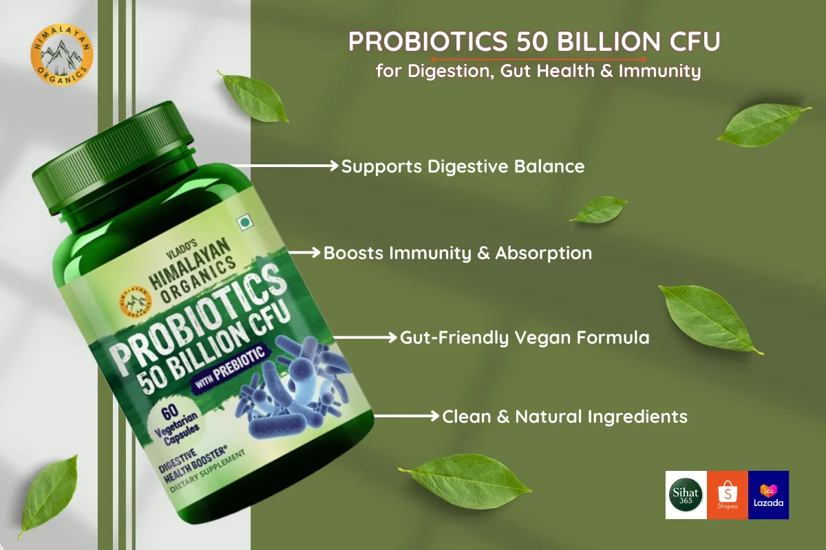 Himalayan Organics Probiotics 50 Billion CFU for gut health, digestion, and nutrient absorption.