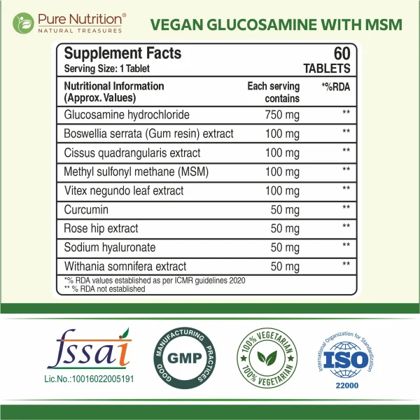 Complete vegan joint supplement facts with glucosamine, MSM, boswellia, and 7 other herbal extracts