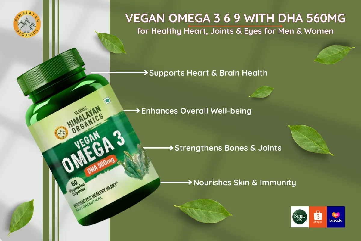 Vlado's Himalayan Organics Vegan Omega 3 6 9 with DHA 560mg for heart, brain, joint, and eye health.