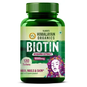 Vlado's Himalayan Organics Biotin 10,000mcg from Sesbania Extract for hair, nails, and skin.