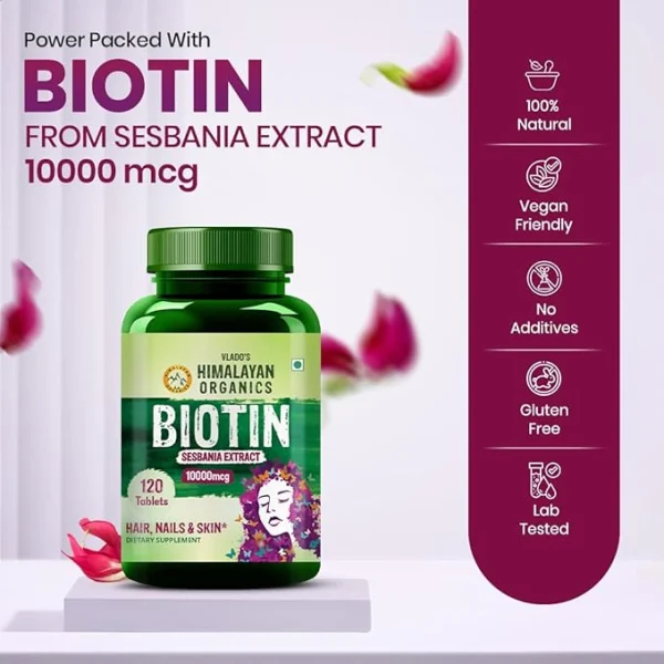 Woman smiling with green leaves, highlighting benefits of Biotin: supports hair regrowth, reduces hair fall, enhances skin health, improves skin elasticity, strengthens nails.