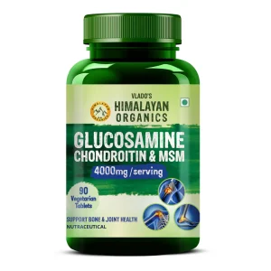 Plant-based glucosamine chondroitin MSM supplement for joint mobility and bone strength support.