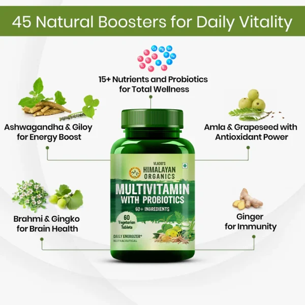 Ancient herb-infused multivitamin with probiotics for brain health, antioxidant support and sustained vitality