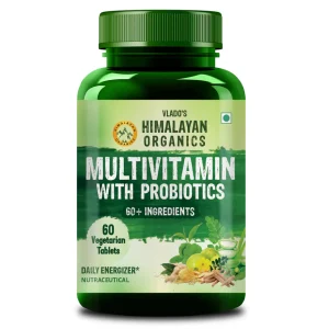 Organic multivitamin with probiotics for gut health, immunity boost, and daily energy support.