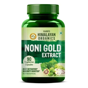 Vlado's Himalayan Organics Noni Gold Extract, 90 vegetarian capsules, promoting body detoxification and immunity boosting.