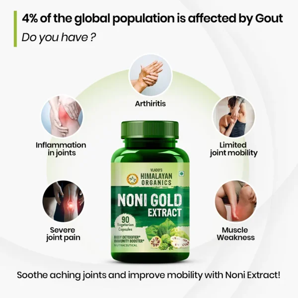 Vlado's Himalayan Organics Noni Gold Extract addressing inflammation in joints, arthritis, limited joint mobility, severe joint pain, and muscle weakness, and soothing aching joints.