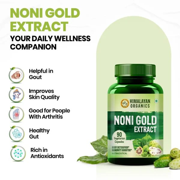 Vlado's Himalayan Organics Noni Gold Extract, highlighting benefits for gout, skin quality, arthritis, healthy gut, and being rich in antioxidants.