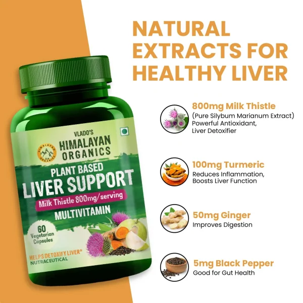 Plant-based liver support supplement with milk thistle, turmeric, and ginger for detox and inflammation relief.