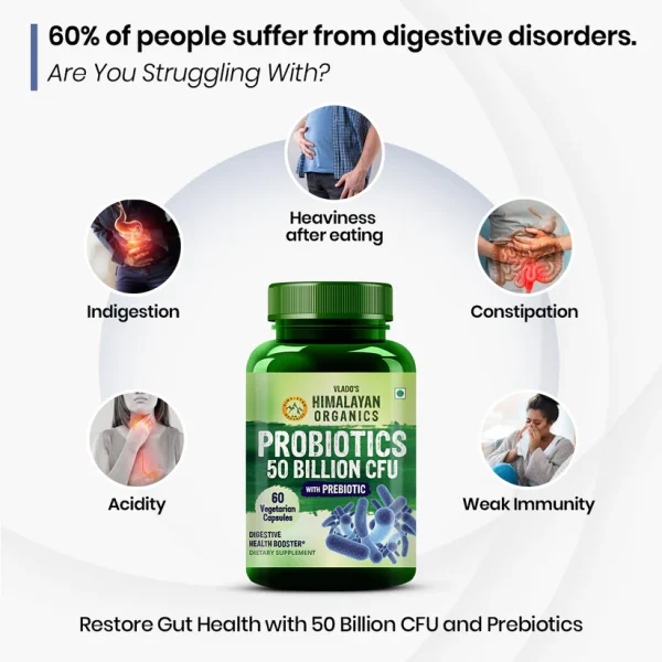Probiotics 50 Billion CFU benefits: supports digestion, gut health, immunity, and absorption.