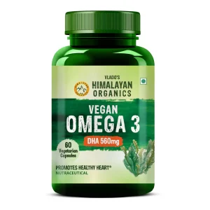 Vlado's Himalayan Organics Vegan omega 3 6 9 with DHA 560mg in a green bottle, promoting healthy heart.