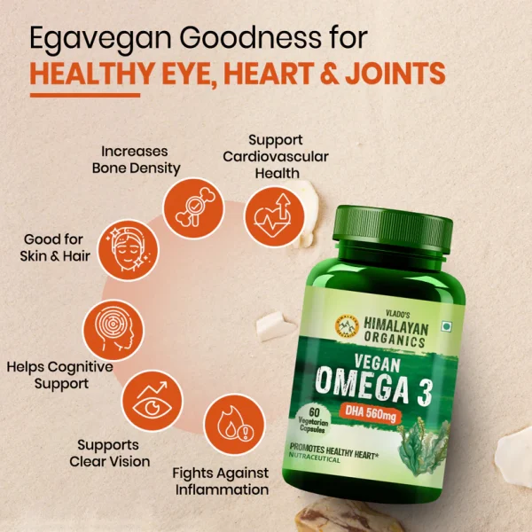 Vlado's Himalayan Organics Vegan Omega 3 6 9 with DHA 560mg supporting eye, heart, joint, bone, skin, hair, and cognitive health, and fighting inflammation.