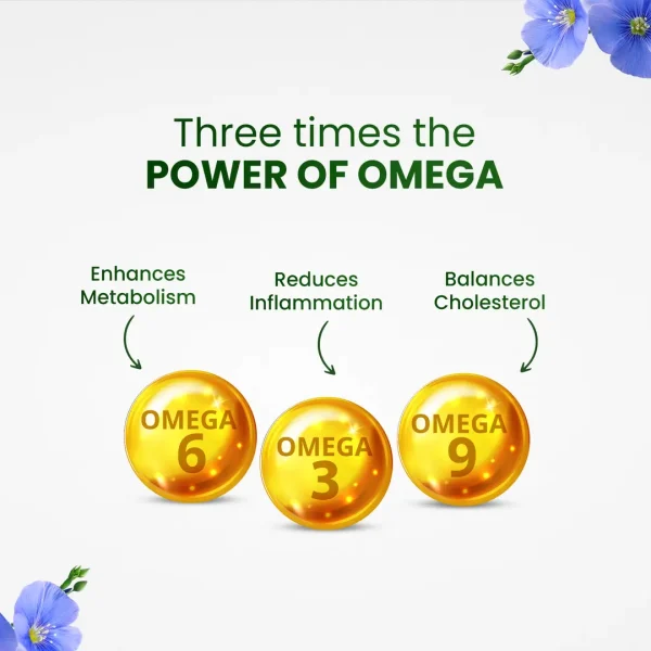 Three golden spheres representing Omega 6, Omega 3, and Omega 9, highlighting benefits like enhanced metabolism, reduced inflammation, and balanced cholesterol.