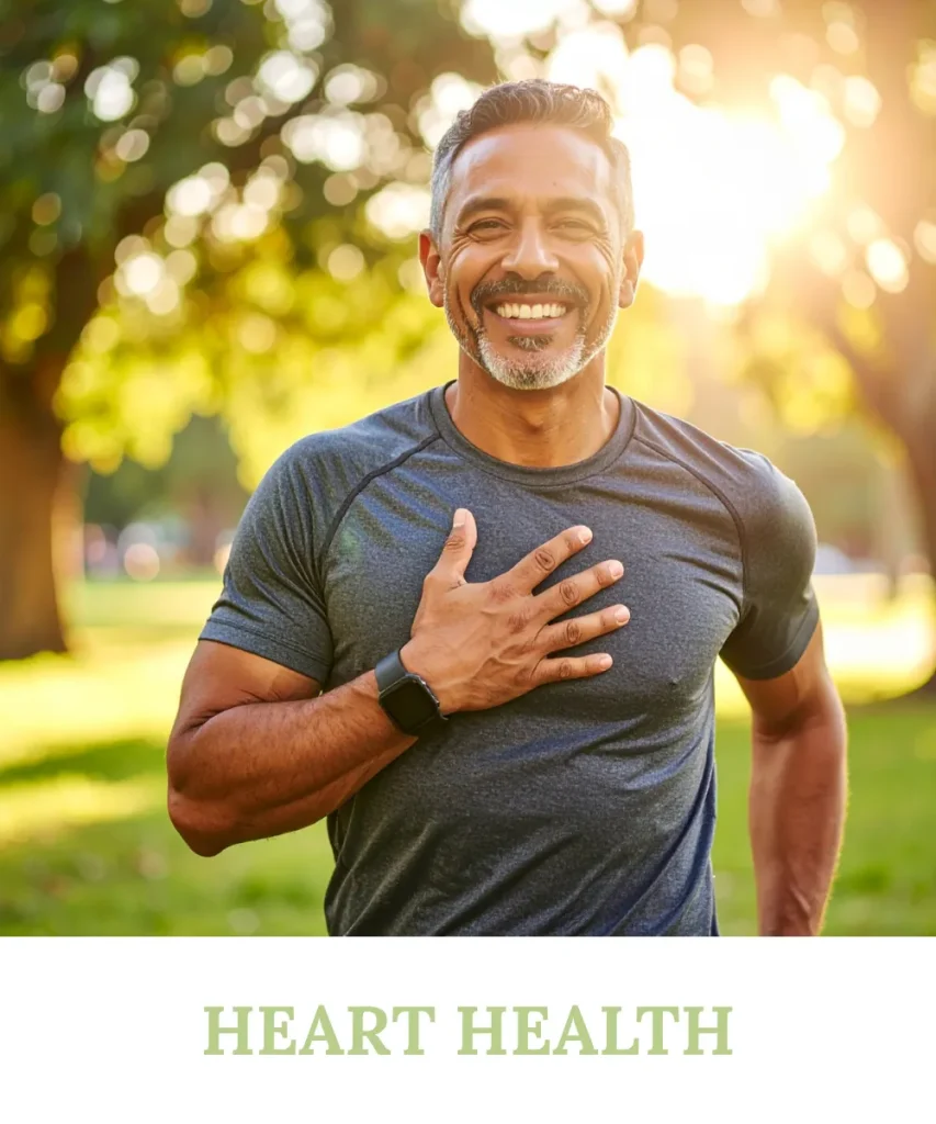 A smiling middle-aged man in athletic wear outdoors, touching his chest with a hand, representing Sihat365 for optimal heart health and an active lifestyle.