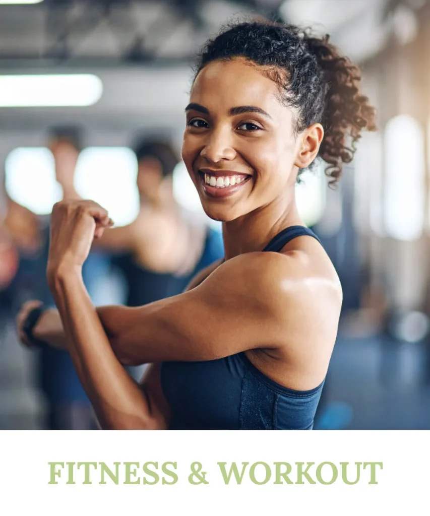 A strong, smiling woman in a gym stretching, showcasing Sihat365's commitment to fitness and workout support for a healthier body.