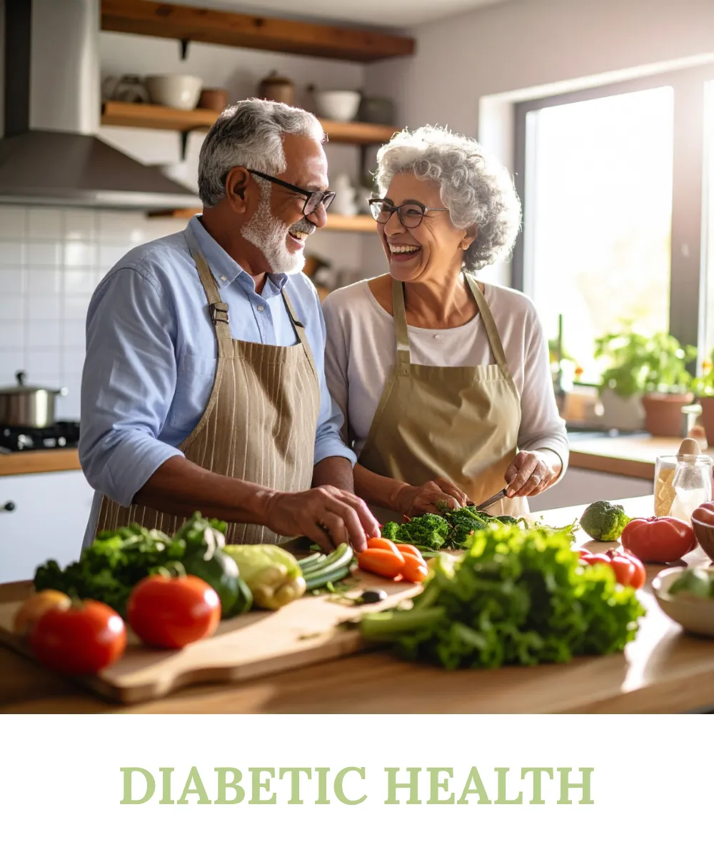 A happy elderly couple smiling while chopping vegetables in their kitchen, promoting Sihat365 for diabetic health and healthy eating.