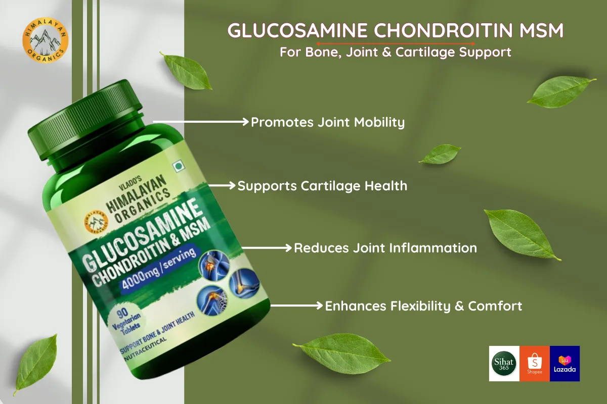 Natural glucosamine chondroitin MSM supplement for joint mobility, flexibility, and cartilage support.