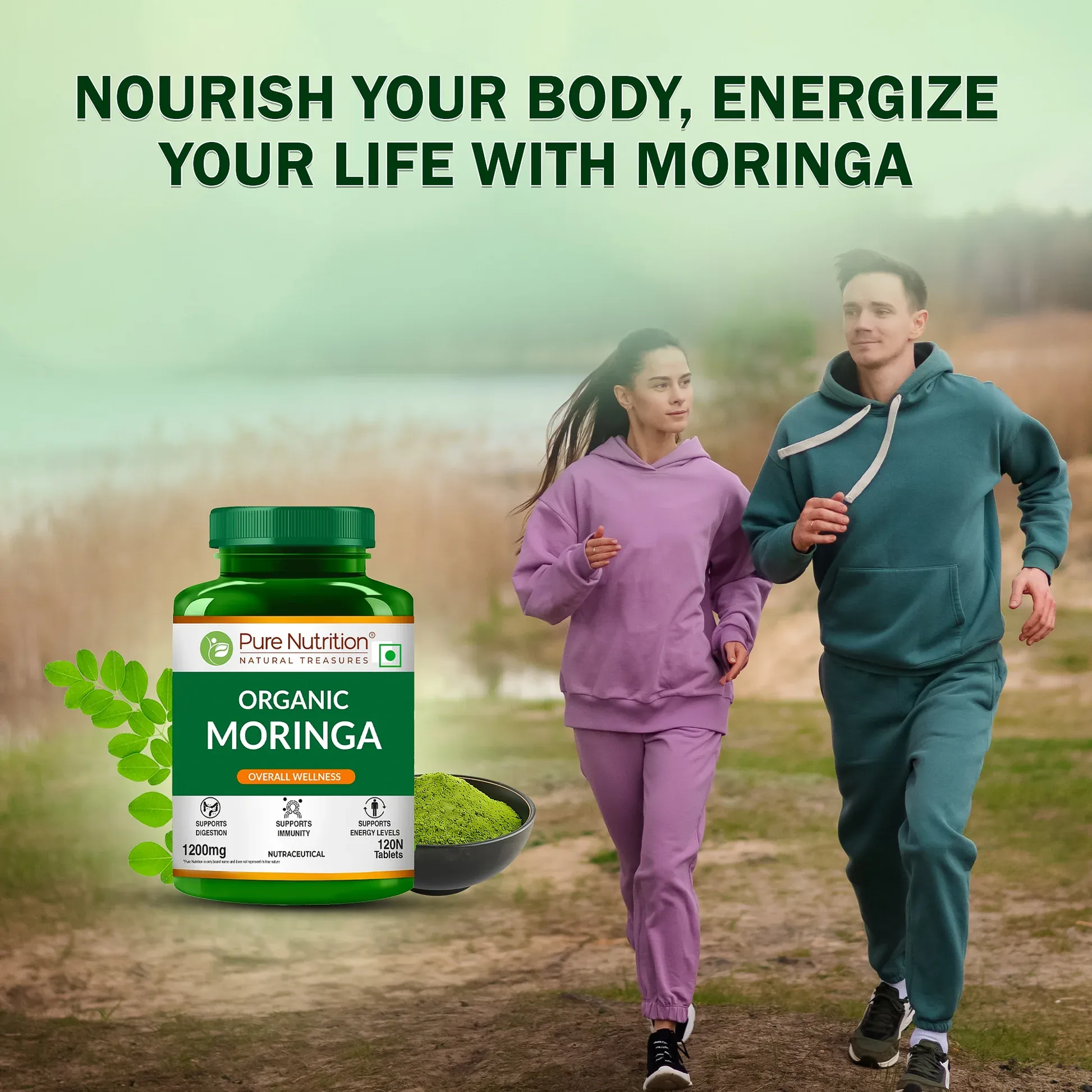 Active Couple Jogging with Pure Nutrition Organic Moringa Supplement for Energy and Vitality