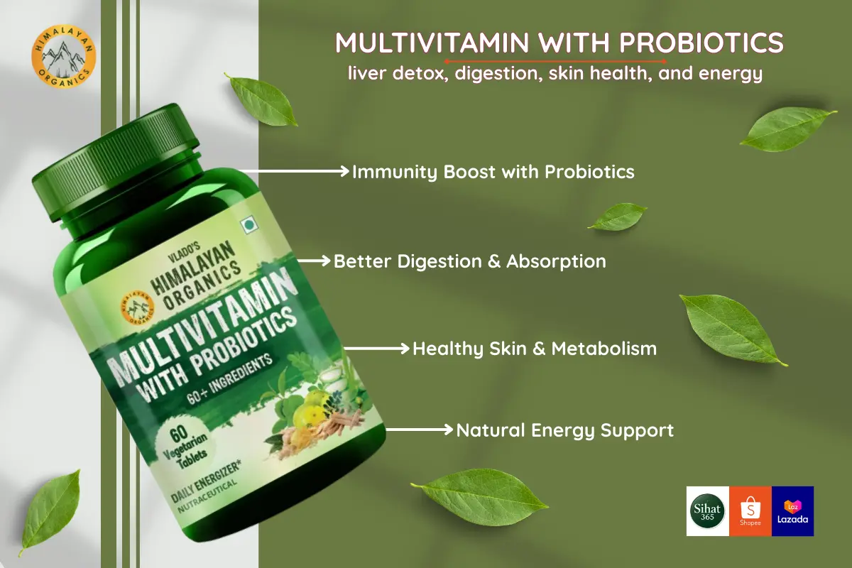 Multivitamin with probiotics for immunity, digestion, skin health, and natural energy support.