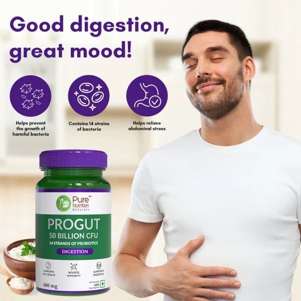 Progut Bottle Highlighting Key Benefits on Green Background with Leaves