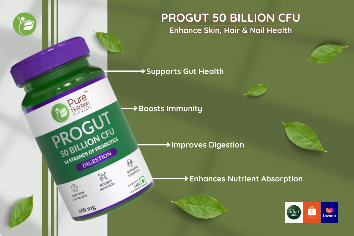 Pure Nutrition Progut Supplement Bottle with Highlighted Digestive Benefits