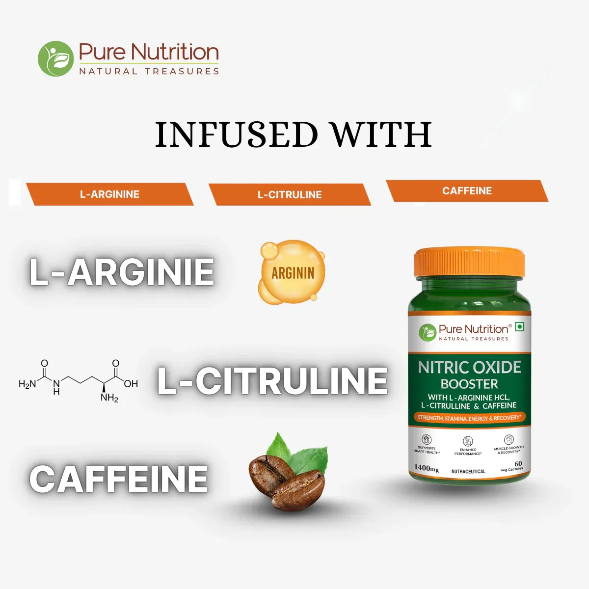 Nitric Oxide Booster ingredients: L-Arginine, L-Citrulline, Caffeine.