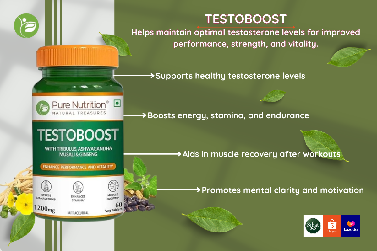 Testoboost bottle with key wellness benefits