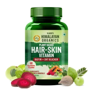 Plant-based hair skin vitamins with biotin and DHT blocker.