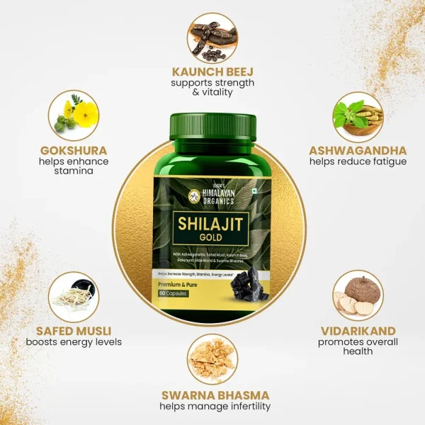 Shilajit Gold with Ashwagandha, Safed Musli, Kaunch Beej benefits.