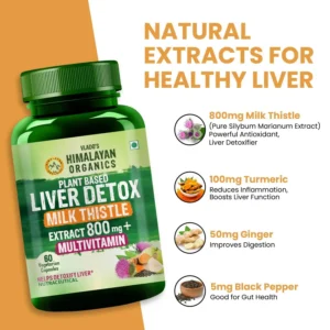 Plant-based liver support supplement with milk thistle, turmeric, and ginger for detox and inflammation relief.